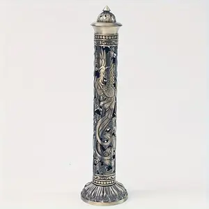 Retro Metal Incense Stick Holder, Vertical Design with Heart Sutra, Dragon & Phoenix Motifs, Ideal for Home or Office Decor