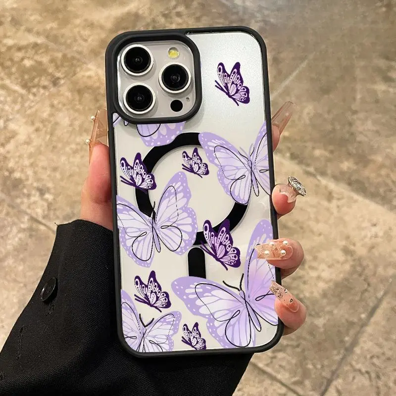 Magnetic Case for iPhone 17 Air 16 Pro Max 15 16 E 14 Plus 13 12 11 Promax X XS XR XSMax Elegant Purple Butterfly Pattern Clear Acrylic Hard Back Soft TPU Edge Wireless Charging Compatible Phone Cover for Girl