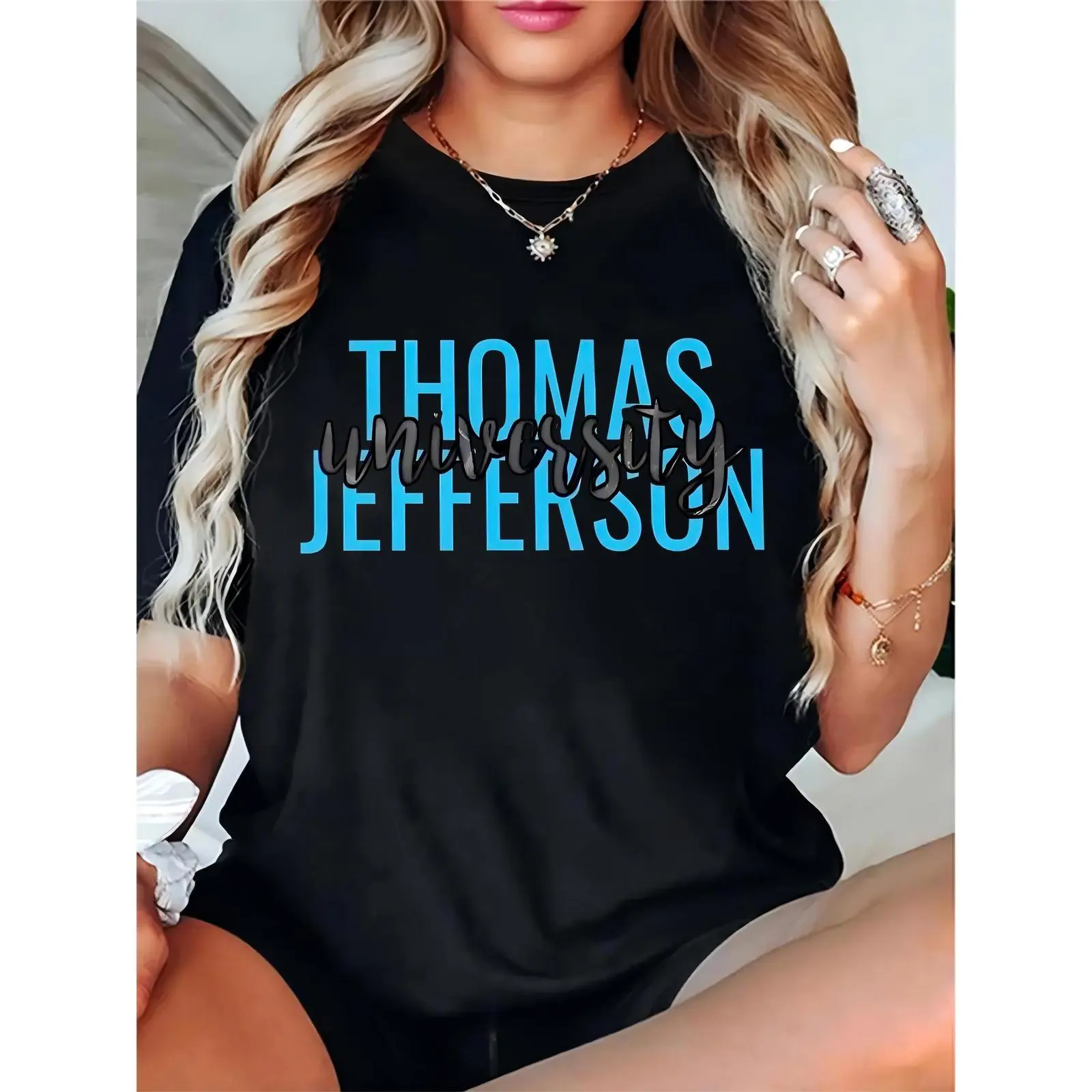 Women's Thomas Jefferson University Graphic Short-Sleeve Crew Neck Cotton T-Shirt - Black, Lightweight, Breathable, Comfortable Fit Tee with Skirts Compatibility for Students, Daily Wear