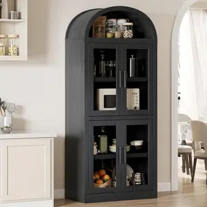 Farmhouse Arched Glass Door Bookshelf 71.4" Tall Wooden Display Cabinet for Living Room Office