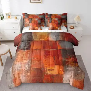 Contemporary Abstract Bedding Sets,7pcs Orange Red Grey Watercolor Comforter Set,Oil Painting Bed in a Bag,Vintage Grunge Bedding Comforter Sets,Men Women Bedroom Decor
