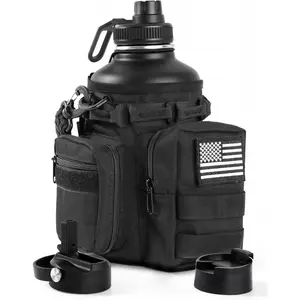 Tactical Half Gallon Water Bottle with Straw, 64 Oz Insulated Water Jug with Molle Water Bottle Holder, Stainless Steel Sport Bottle with 3 Lids for Gym Workout Hiking (Black)