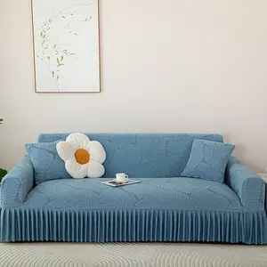 Four-season Universal Anti-slip Leaf Pattern Ruffled Hem Elastic All-inclusive Sofa Cover, Elastic Sofa Slipcover, Suitable for Straight Row Integrated Sofa, Thickened Durable Fabric, Simple Nordic Style, Perfect for Pet Families