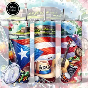 1 Piece 20oz Stainless Steel Boricua Pride Insulated Cup with Lid - 'Soy Boricua' Cultural Travel Mug, Double-Walled Insulated Leak-Proof Coffee Cup, Colorful Puerto Rican Traditional Design and Flag, Music and Flamenco Art, Durable Metal Water Bottle, Of