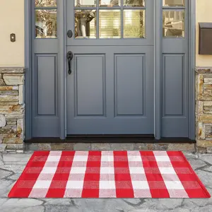 Buffalo Checked Rug 27.5" x 43" | Red and White  Plaid Washable Doormat | Outdoor Indoor Area Rug for Layered Front Door Mats, Porch, Kitchen, Farmhouse, Entryway