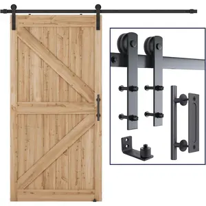 8.2 FT Heavy Duty Sturdy Sliding Barn Door Hardware Kit, Black, (Whole Set Includes 1x Pull Handle Set & 1x Floor Guide) Fit 42"-48" Wide Door Panel (I Shape Hanger)