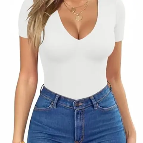 ZEAGOO Women's Short-Sleeve Deep V-Neck Low-Cut Hem T-Shirts - Ribbed Knit, Slim-Fitting, Stretchy 92% Viscose 8% Spandex, Sexy Casual Summer Staples