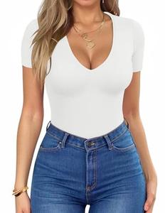 Women's Deep V Neck Tops for Women Sexy Low Cut Summer Ribbed Knit T Shirts Slim Fit Stretchy Basic Fashion Tee summerwins
