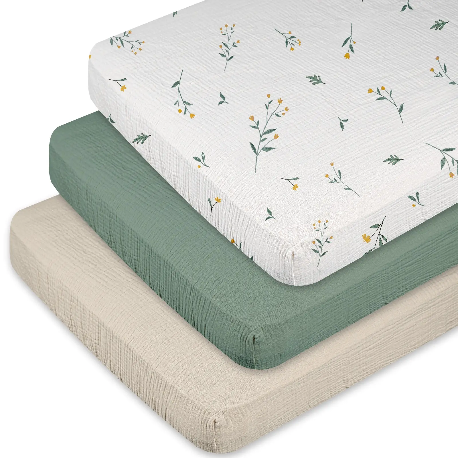 3 Pack Baby Muslin Mini Crib Sheets, Breathable Pack and Play Sheets Fitted Soft Cozy Polyester Fabric Pack N Play Sheets for Baby Boy Girls, Universal Fitted Mini Crib Mattresses 38"x26" Soft Warm Bedding