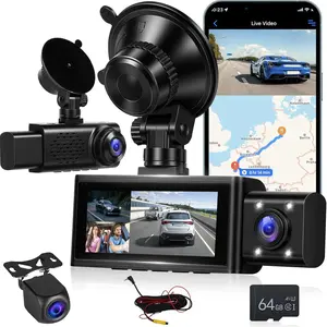 2.5K 3 Channel Dash Cam with WiFi & APP Control - 3.16 Inch Screen Triple Dash Camera Front Inside and Rear - G-Sensor/Loop Recording/Night Vision/GPS/Split Screen + 64GB Card