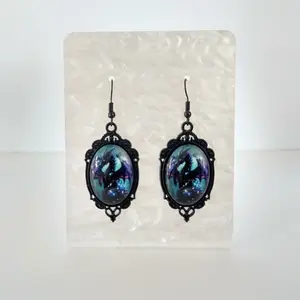 #267 Black Vintage Style Lace Frame with Black & Purple Dragon with Teal Background Earrings-  Casual Mythical Jewelry