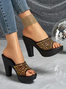 Women's Elegant Classy Stylish Fashion Water Drill High Heel Sandals, Artificial Leather Round Toe Cone Heels, Medium Width Plain Design