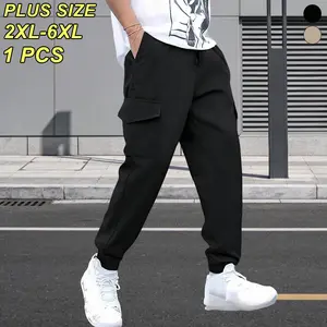 Plus Size (2XL–6XL) Men’s Cargo Jogger Casual Pants, Loose Long Pants with Multiple Pockets, Adjustable Elastic Waist Drawstring, Suitable for Outdoor Leisure Activities, Walking, and Daily Commuting