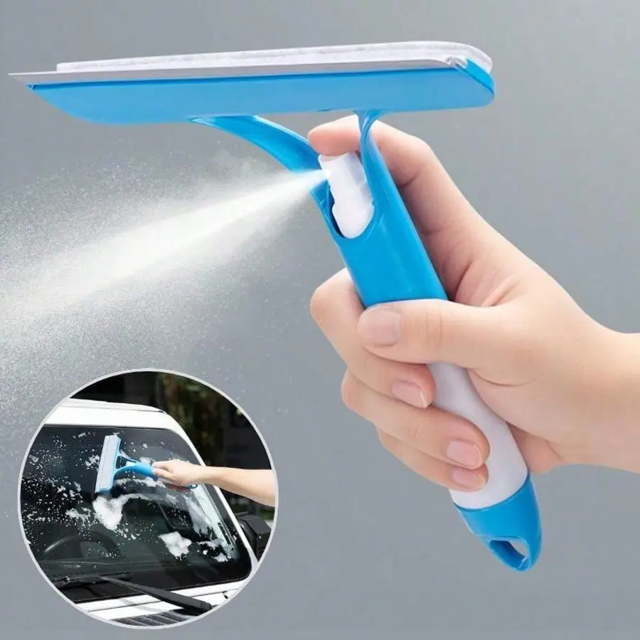 3-In-1 Bathroom Glass & Mirror Cleaner – Squeegee With Scrubber & Wiper For Shower Doors, Mirrors & Windows, All-In-One Window Wiper Tool, Multi-Function Spray Squeegee, No-Streak, Easy Grip Cleaning Tool For Bathroom, Kitchen & Car Windows