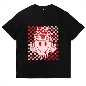 Heart Checkerboard Smiley Face Graphic Tee Red Pink Aesthetic Shirt Cute Y2K Top Trendy Casual Daily Wear Soft Comfortable Valentine Outfit