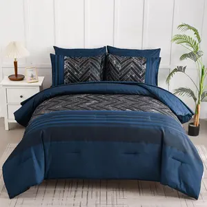 Navy Blue Comforter Set  Size, 7 count Stripe Geometric Bed in a Bag, Soft Microfiber Navy Comforter and Sheet Set Complete Bedding Sets for All Seasons 90"x90"