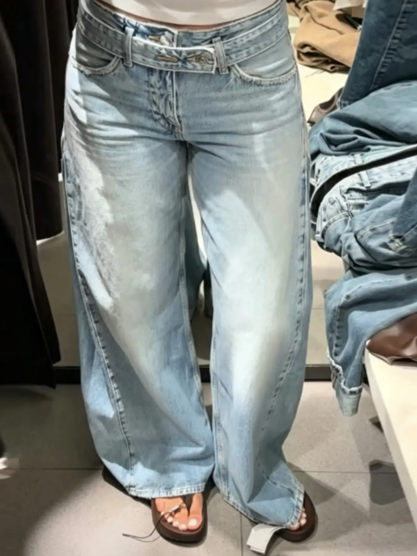 Women's Blue Wide Leg Jeans Pants Summer 2026 Ladies Fashion Mid Waist Belt Pants Minimalist Bleached Washed Denim Trousers Music Festival OOTD & Weekend Brunch Dates Pant