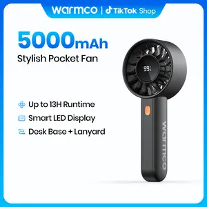 Warmco Portable Handheld Fan Rechargeable, 5000mAh Turbo Personal Mini Desk Fan , 4-Speed, Battery Powered Cool Fan with LED Display and Base, Pocket Size for Office and Travel and Makeup