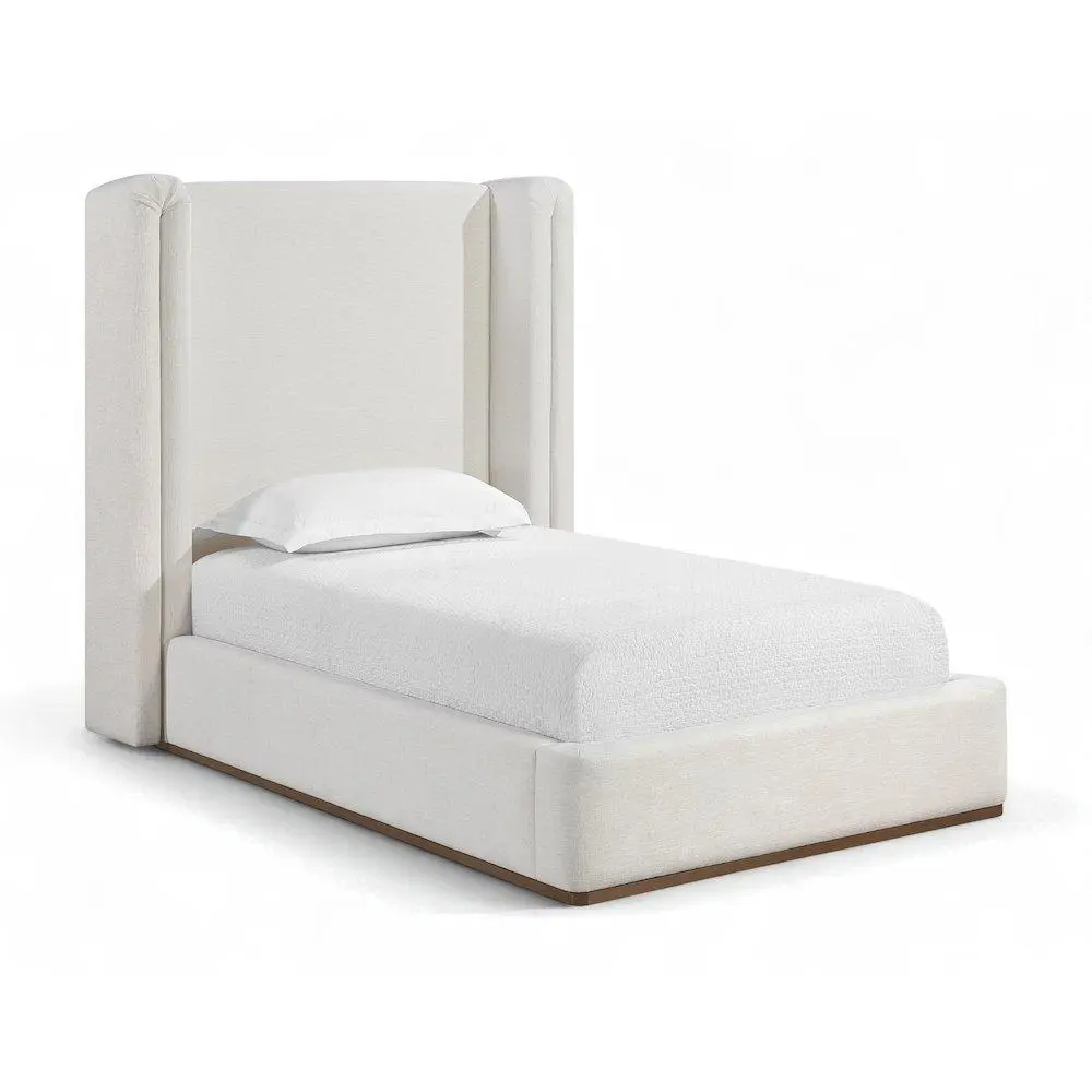 Contemporary Rectangular Solange Twin Bed - Cream Linen-Textured Fabric Upholstered Indoor Furniture, Single