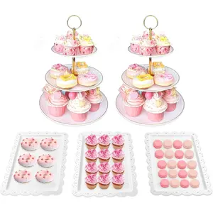 Cake Stand Set-5 Pcs Cupcake Stand Set-Dessert Table Display Set with 2xlarge 3-Tier Cupcake Stands + 3X Appetizer Trays Perfect for Wedding Baby Shower Home Birthday Tea Party Decoration(Round)