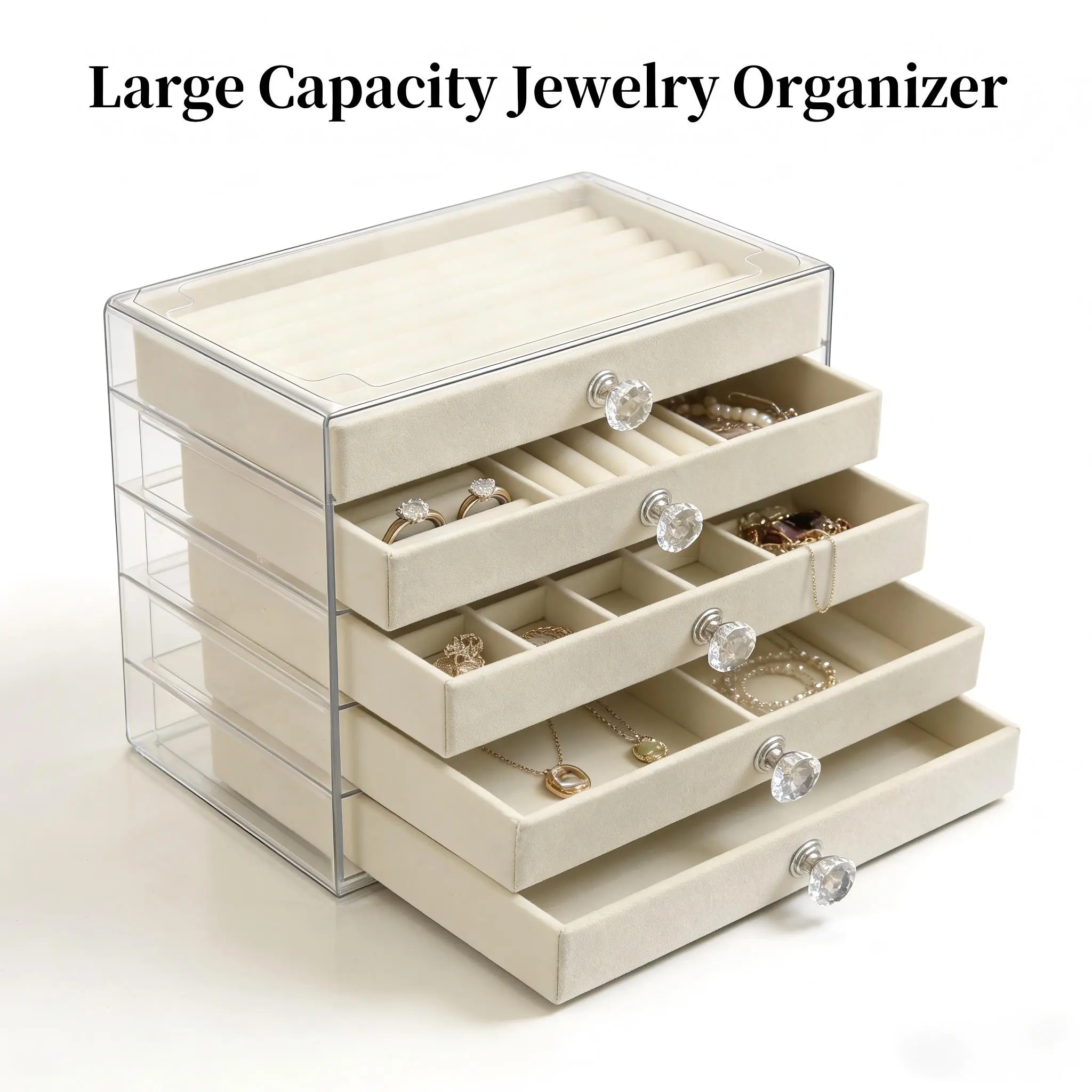 Jewelry box, Mother’s Day gift, 5-layer light luxury acrylic drawer with velvet lining, transparent stackable storage design, suitable for jewelry and valuable pieces—stores earrings, necklaces, rings, and bracelets; elegant beige style that can be placed