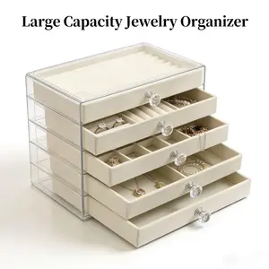 Jewelry box, Mother’s Day gift, 5-layer light luxury acrylic drawer with velvet lining, transparent stackable storage design, suitable for jewelry and valuable pieces—stores earrings, necklaces, rings, and bracelets; elegant beige style that can be placed