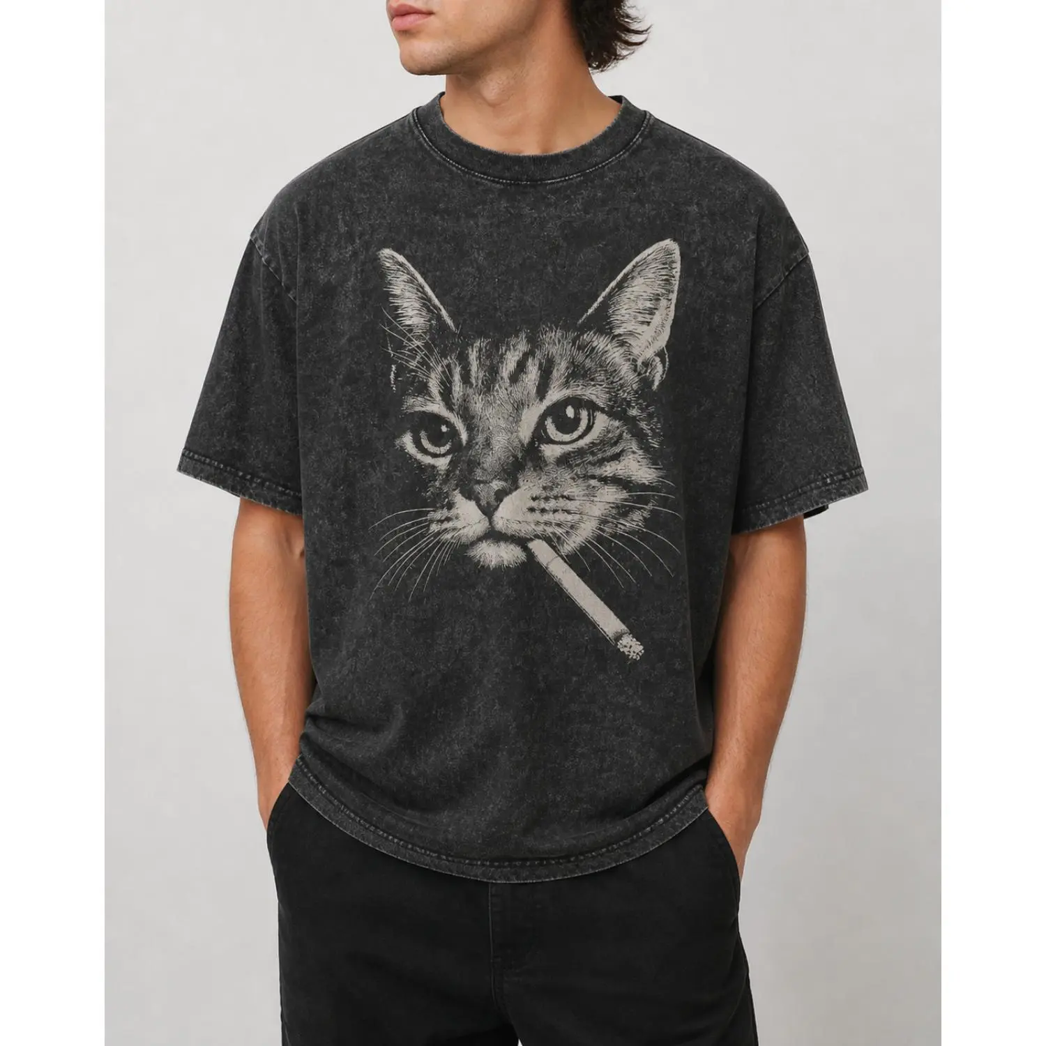 Smoking Cat Oversize Unisex Washed T-Shirt, S~5XL, Super Soft Batik Cotton Streetwear for Men and Women
