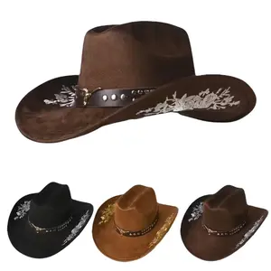 Farmer-Style Cowboy Hat - Plated Bull-Head Sculpted Metal Belt, Floral Embroidery Brim, Rolled Brim, Solid Color, Crease Design, Suede-Like Feel, Windproof Drawstring, All-Season Sports & Outdoor Hat, Hats