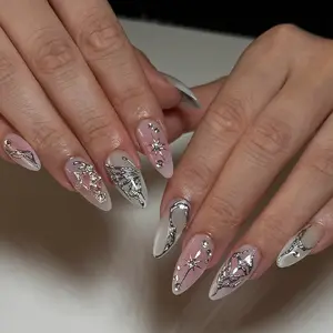 24pcs Long Almond Nail Tips, Butterfly Gradient, Gradual Glitter Heart Design, Handmade Detachable Nails, Includes Jelly Glue and File, Glossy Fake Nails