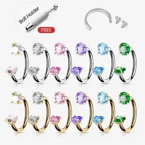 Titanium 20G/18G Horseshoe Nose Ring(Free Ball Holder) Internally Threaded Gems,Earring Daith Cartilage Helix, Jewelry