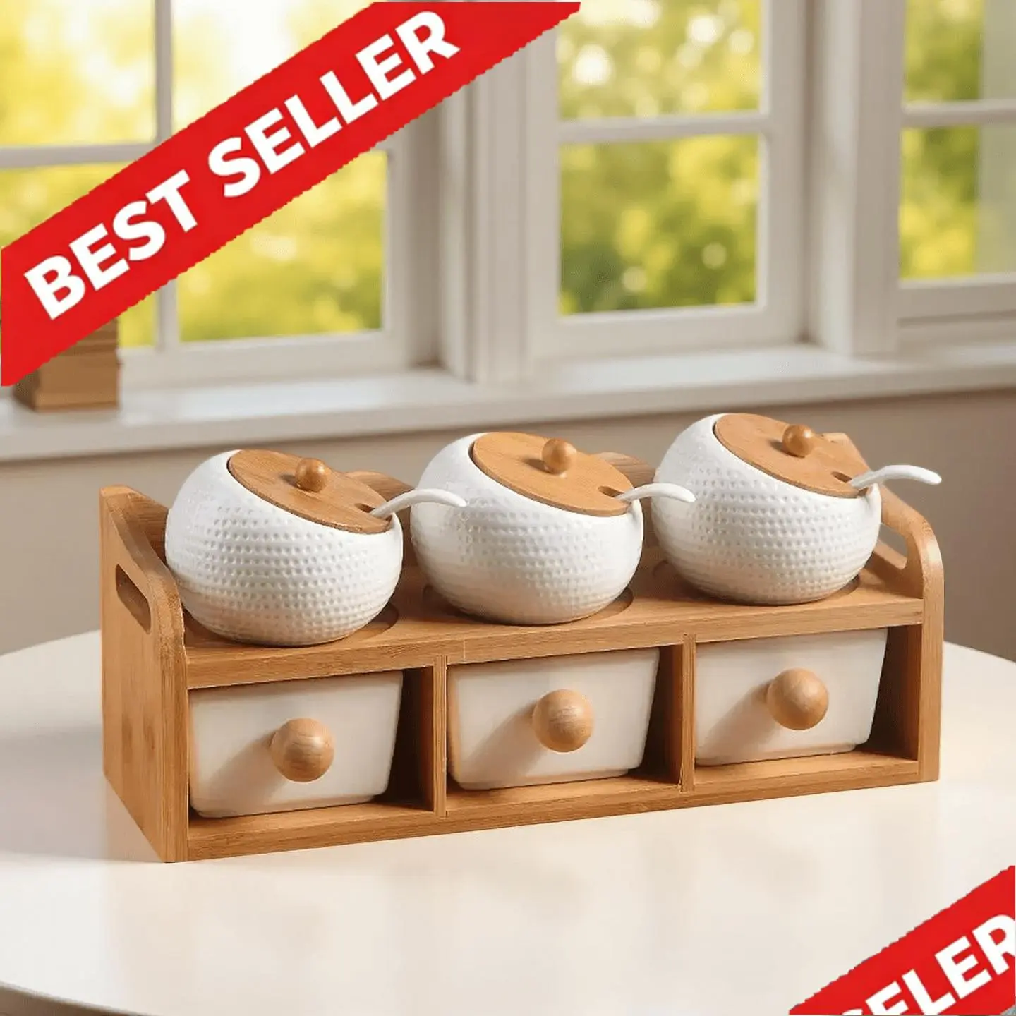 6-Piece Ceramic Seasoning Jars Set - Kitchenware, Includes Spoon, Double-Layer Wooden Rack, Lids, Aesthetic Countertop Organizer, Luxury 2026 Kitchen Decor Essential Seasoning Utensils, Ceramic Seasoning Jars 6-Piece Set, Spices Containers