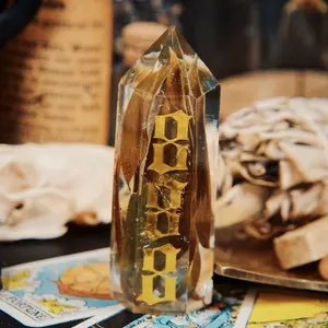 888 Angel Number Resin Botanical Crystal - Unique Design with Gold Lettering and Botanical Elements