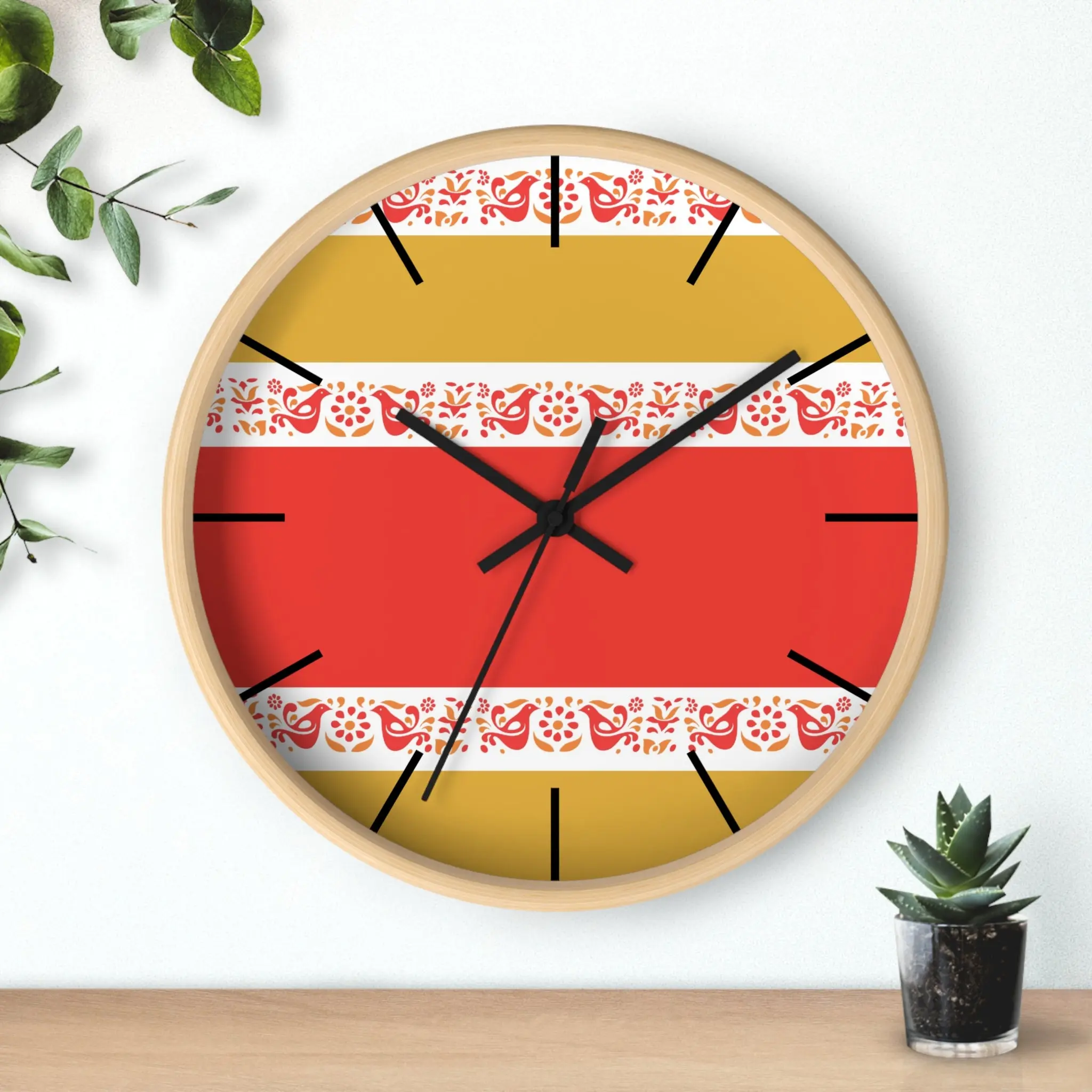 Pyrex Friendship Retro Pattern Wall Clock – Red, Mustard Yellow White Kitschy Wall Clock