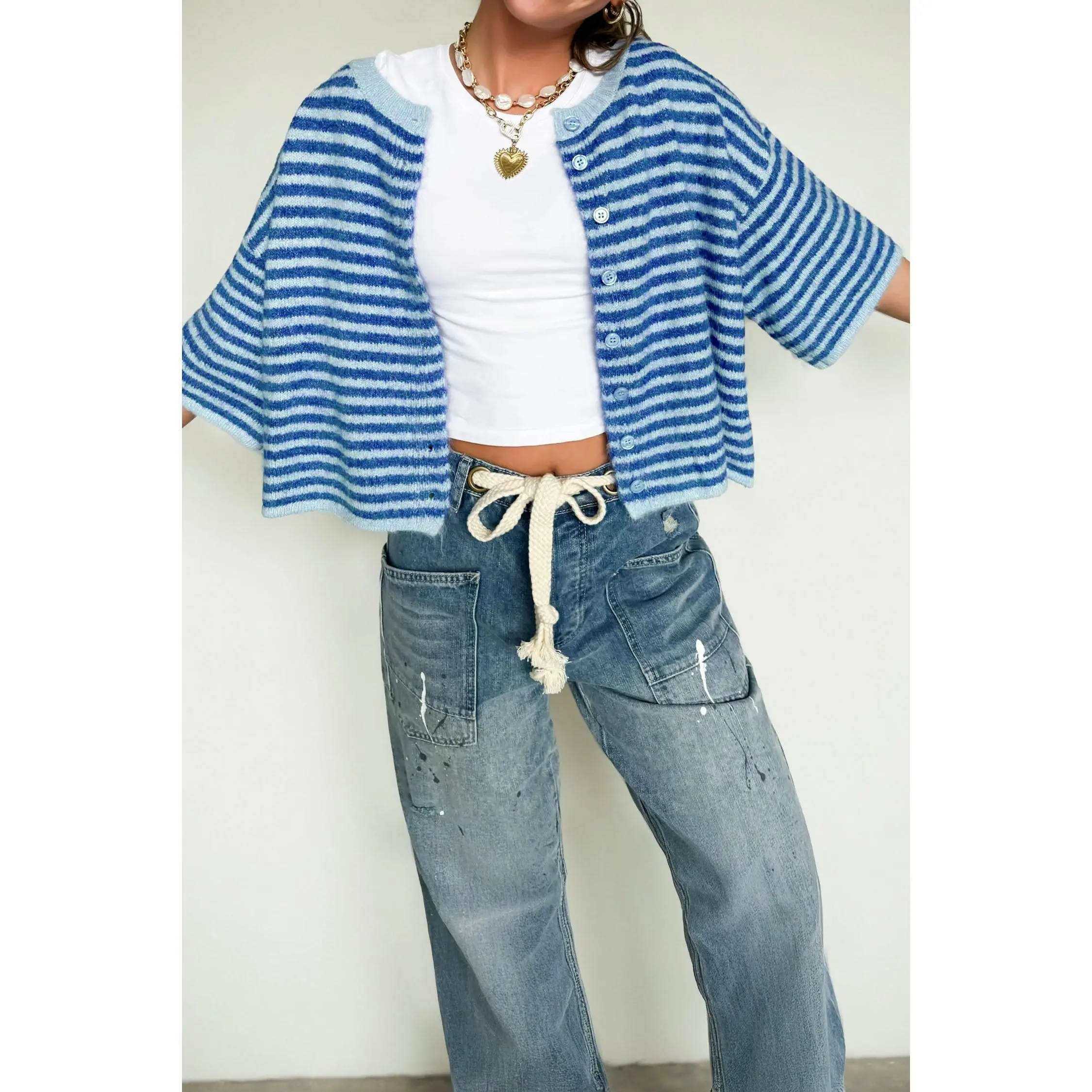 Blue Stripe Loose Half Sleeve Knit Button Down Sweater Cardigan