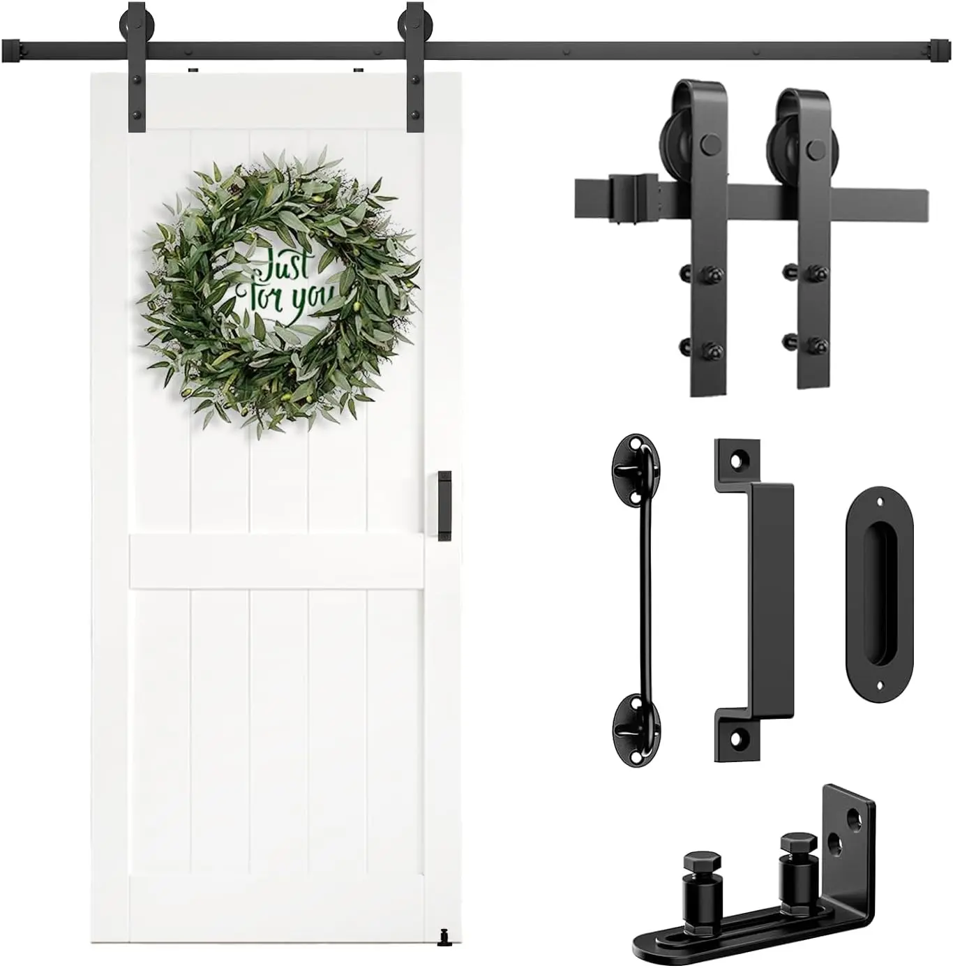 Barn Door Hardware Kit 6.6FT Heavy Duty Sliding Door Track Kit with Floor Guide and 2 Handles with Lock, Smoothly Hardware Kits for Interior Exterior Fit 36"-40" Wide Panel (J Shape Hanger)