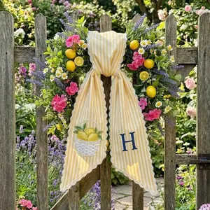 Embroidered Lemon Topiary Wreath Sash, Personalized Monogram, Chinoiserie Front Door Decor, Custom Hydrangea Wreath Sash, Embroidered Bow