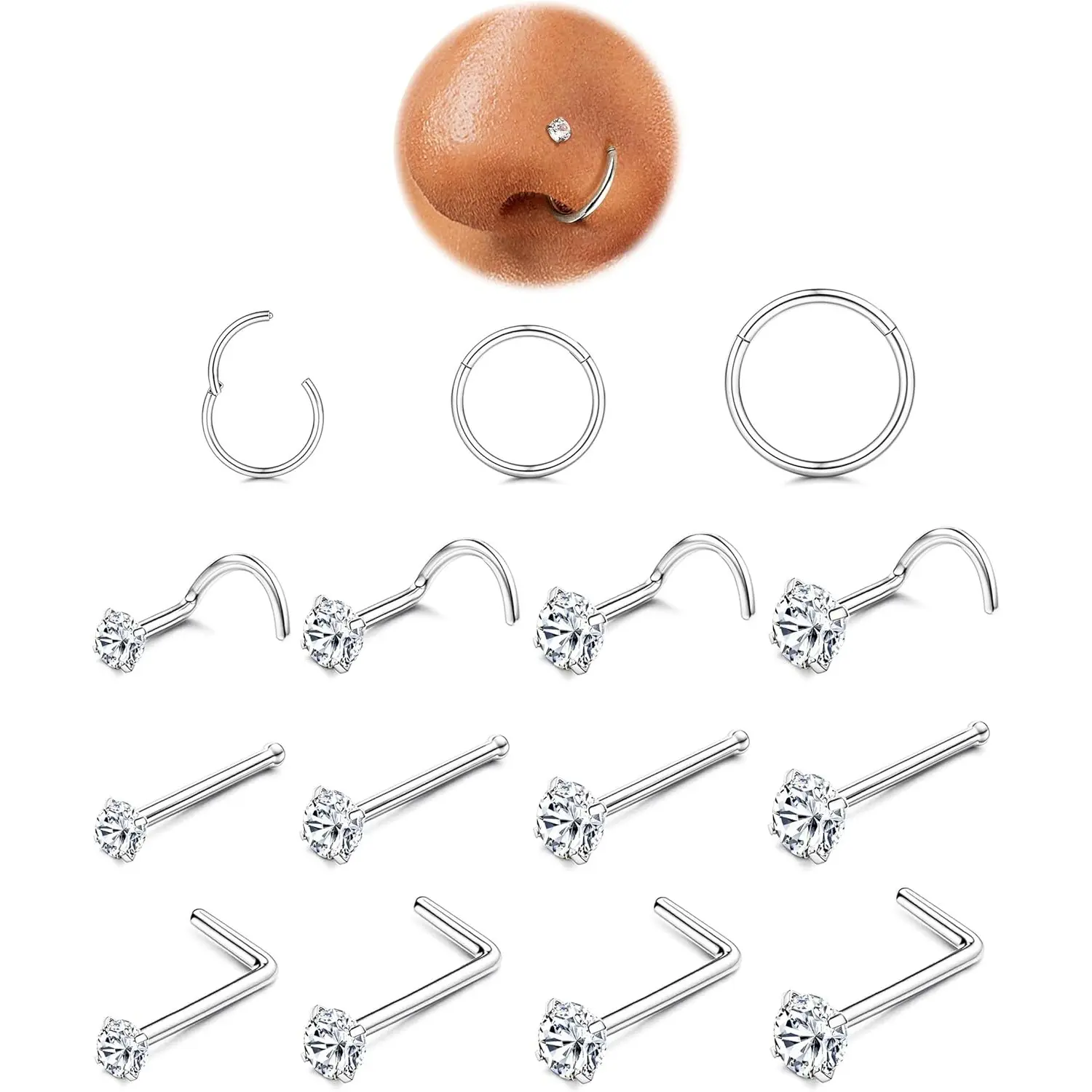 MILACOLATO Nose Rings for Women - 14K Plated Gold Filled Hypoallergenic Surgical Steel Nose Ring Hoops 18G/20G Small Cute CZ Straight Screw L Shaped Nose Studs Piercings Jewelry for Women Men 15Pcs, Hinged Nose Ring, Nose Piercing