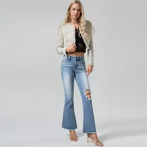 CHERRY MID RISE FALRE JEANS WITH RAW HEM BYF1019 LIGHT BLUE Comfort Denim Fashion Minimalist Womenswear Bottom Casual Fit Medium Style Streetwear Trouser