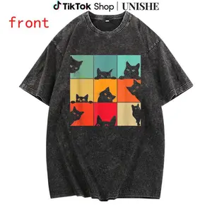 Retro Black Cat T-Shirt – Washed Vintage Look for Feline Fans