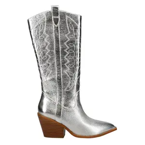 Corkys Womens Howdy Tall Embroidered Metallic Snip Toe Zippered  Casual Boots Knee High High Heel 3" & Up - Silver