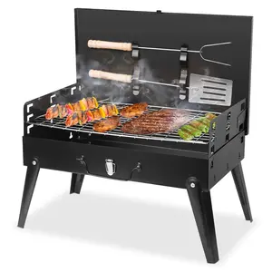 Portable Charcoal BBQ Grill Foldable Suitcase Camping Grill with Adjustable Heights for Outdoor Cooking