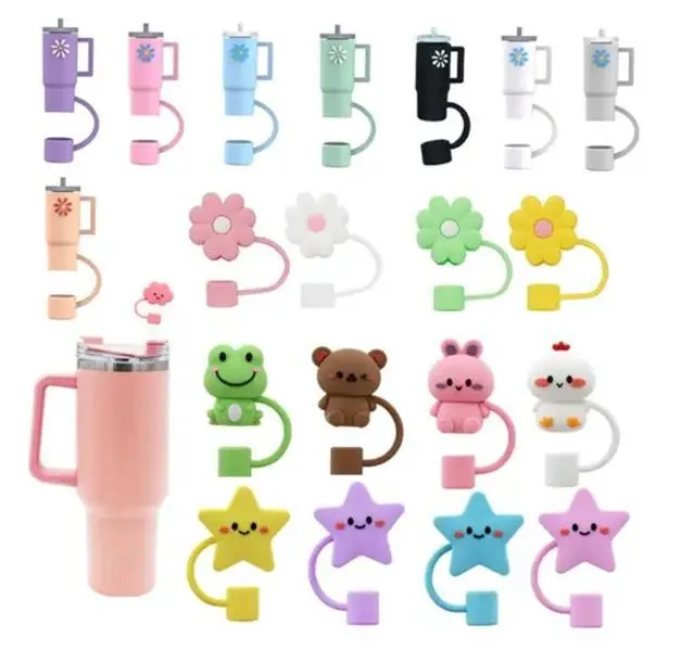 Straw Caps - Anti-Wrinkle Silicone Drinkware for 30 oz & 40 oz Straws Fits Animals Flowers 10 mm Size Cover Cup Reusable Hygienic Protection Easy to Clean
