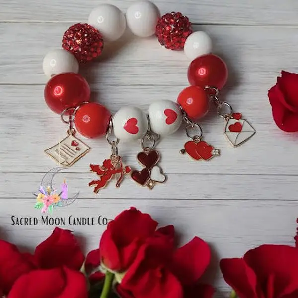 Sacred Moon Candle Co Cupid's Arrow Chunky Bubblegum Bead Charm Bracelet with Gold Enamel Charms for Valentine's Day