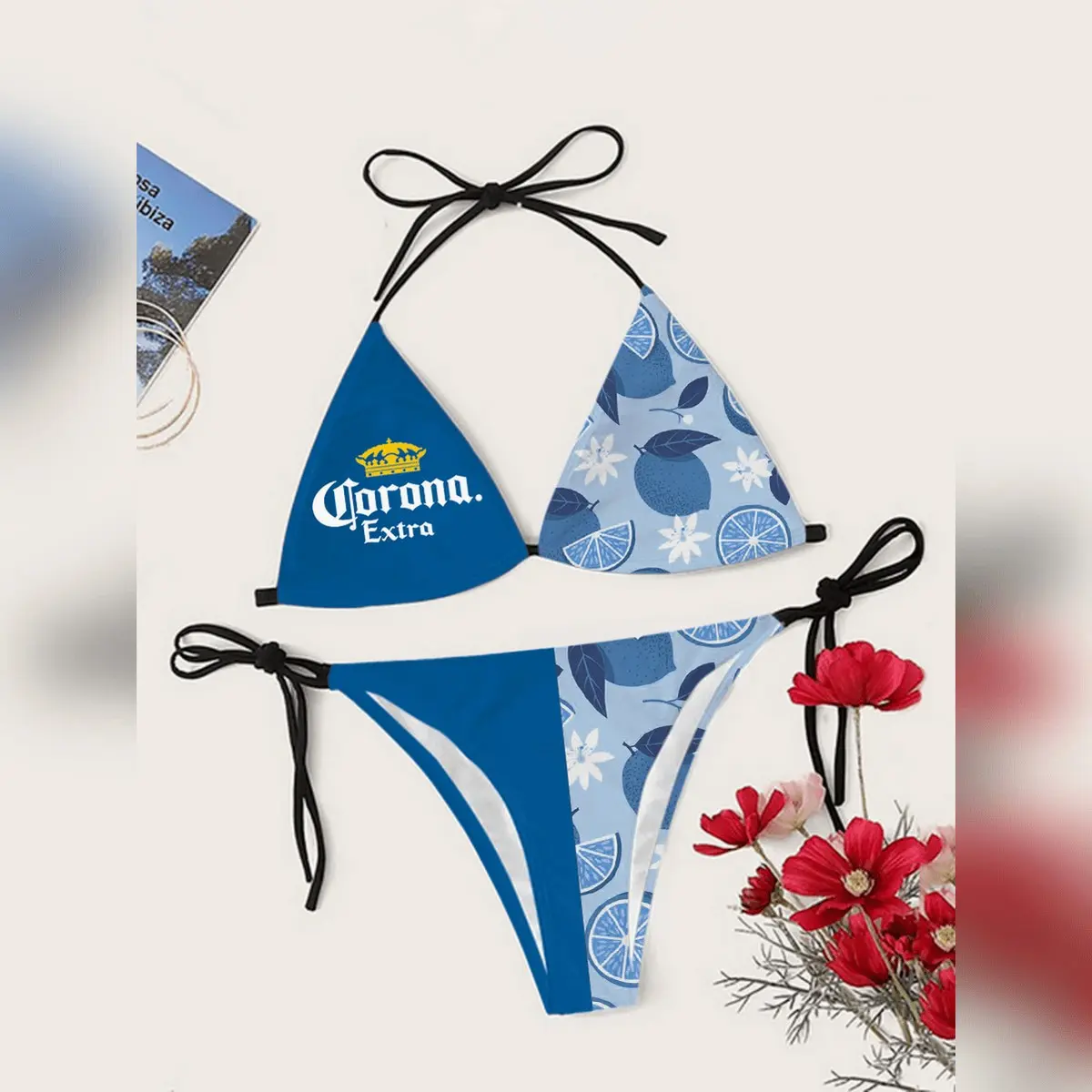 C0r0na Extr@ Vacation Hawaii Drinking Triangle Bikini Set, Tropical Floral Drinking Triangle Bikini Set