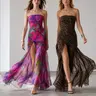 Women's Chic Strapless Backless Mesh Patchwork Tropical Leopard Print High Slit Polyester Bodycon Long Tube Dress - Party Going Out Outfit, Night Wear