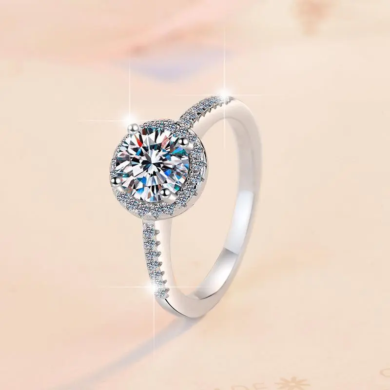 S925 Sterling Silver Round Halo Ring Synthetic Moissanite Ring-156 S925 Sterling Silver Round Halo Ring Synthetic Moissanite Ring-156