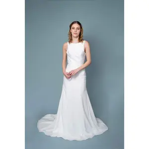 The Anna Gown - Wedding Dress Bridal Gown Crepe Boat Neckline Fitted Open V Floral Lace Applique Back Long Train Off White
