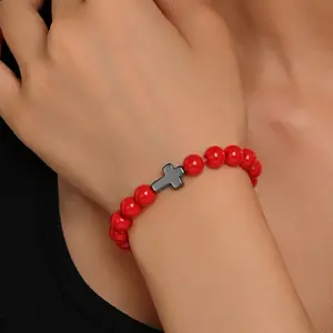 Women's Cross Beads Bracelet - Fashionable Elegant Red Beaded, Exquisite Stainless Steel Jewelry for Daily Casual Wear