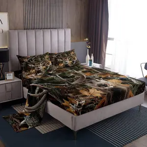 Deer Bed Sheets Set,Hunting Sheet Set for Boys Girls,Cabin Farmhouse Woodland Animal Flat Fitted Sheet,Camo Rustic Leaves Antlers Wolf Bear Sheets