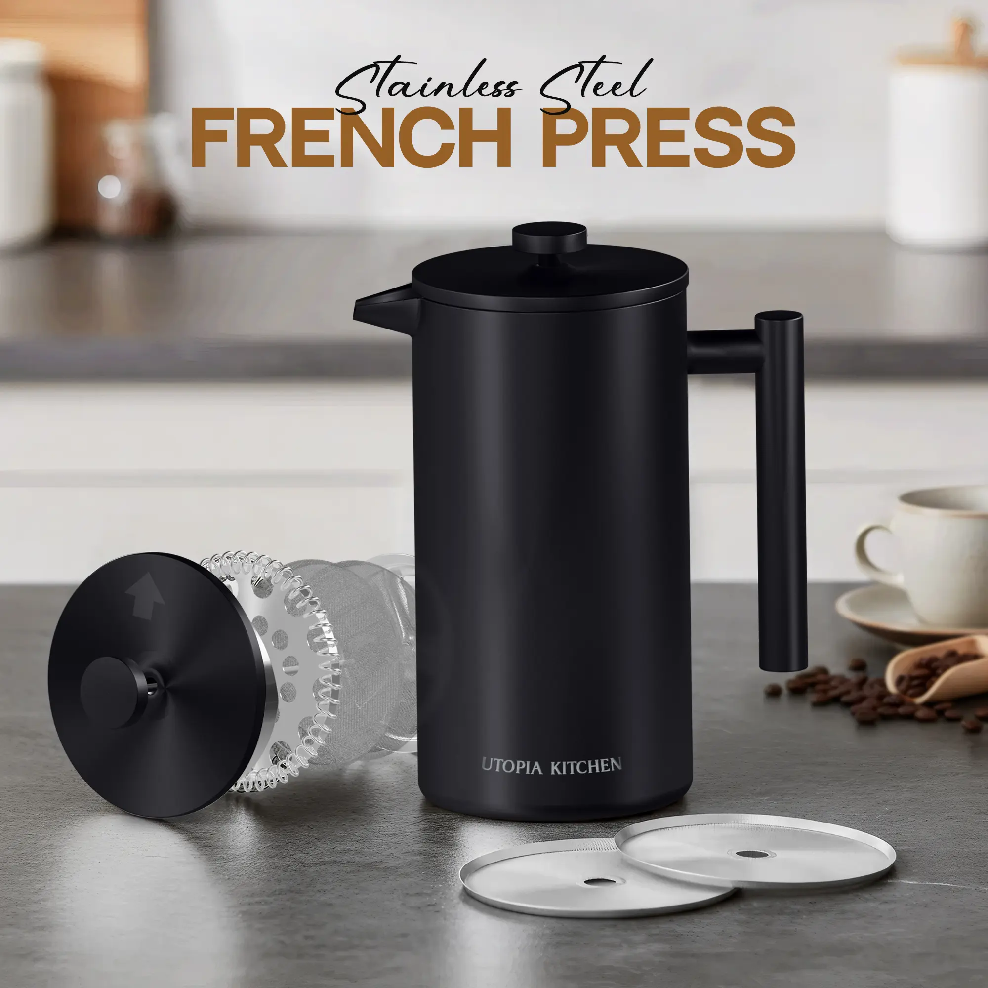 Utopia Kitchen 304 Grade Stainless Steel French Press Coffee Maker - 34 Oz Double Wall Insulated, 4-Level Filtration System, 2 Extra Filters, Rust-Free, Dishwasher Safe, Silver & Black